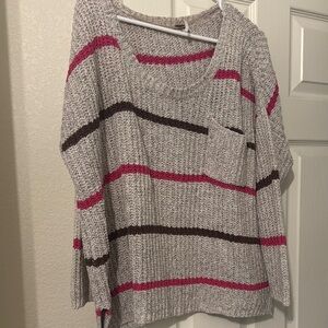 Free People Gray Ribbed V-Neck Sweater with Pink and Brown Stripes